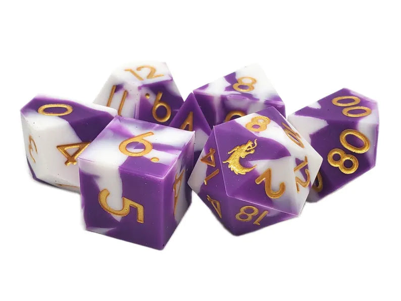 Old School Dice Silicon 7 piece set - Purple & White With Gold