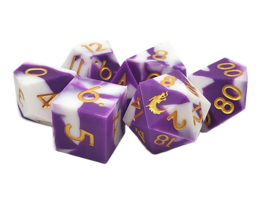 Old School Dice Silicon 7 piece set - Purple & White With Gold