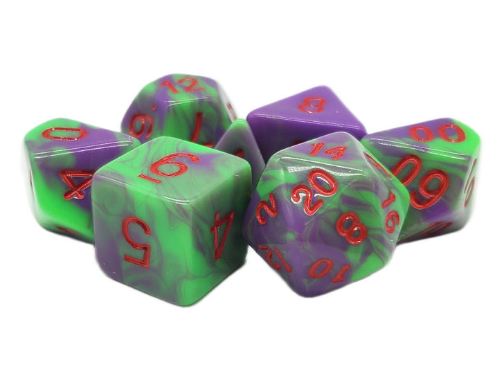 Old School Dice: Vorpal Green & Purple With Red 7 Piece Set
