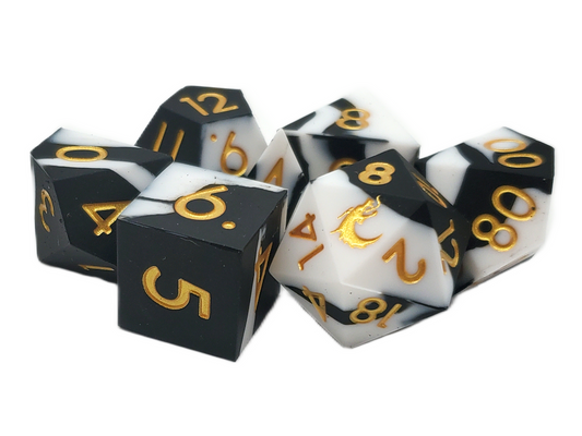 Old School Dice Silicon 7 piece Set Black & White With Gold