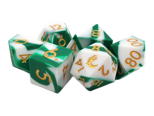 Old School Dice Silicon 7 piece Set Green & White With Gold